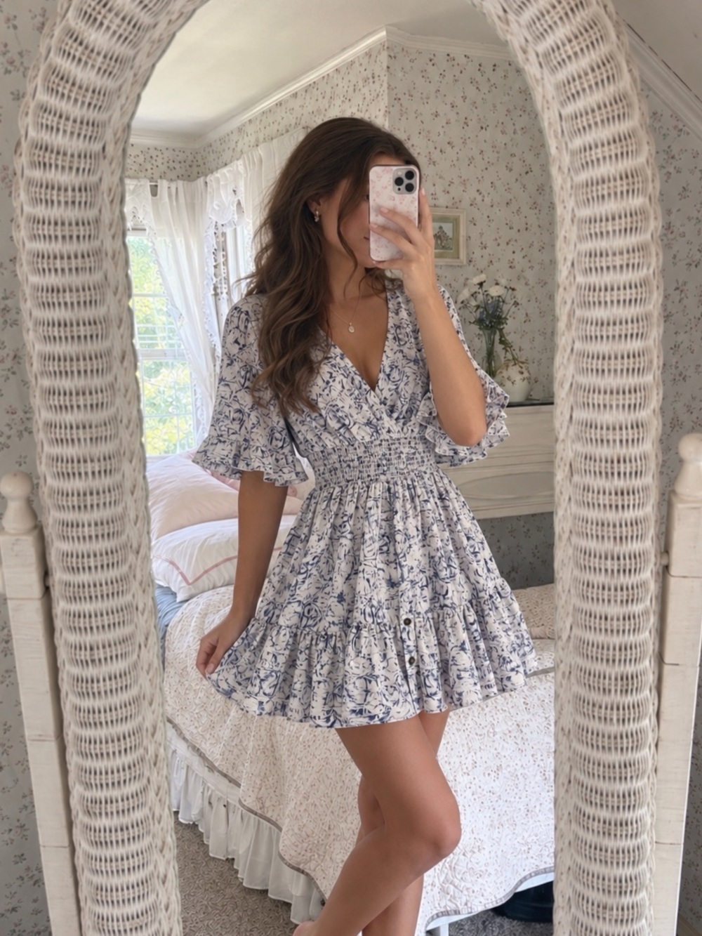 Bucket List Blue White Abstract Print Smocked Waist Ruffle Mini Dress Small
